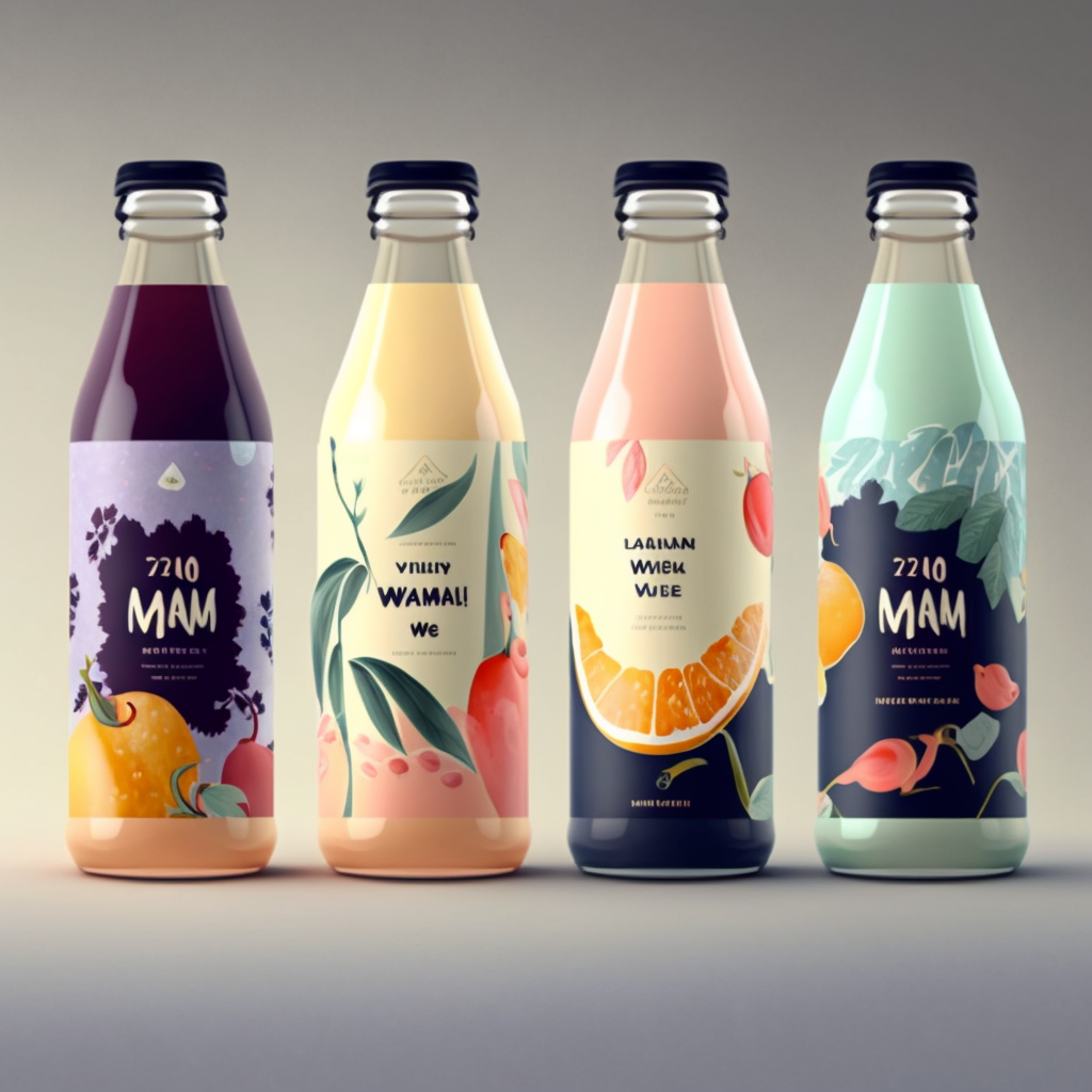 Midjourney设计的杨梅汁玻璃瓶包装（第二次出图）