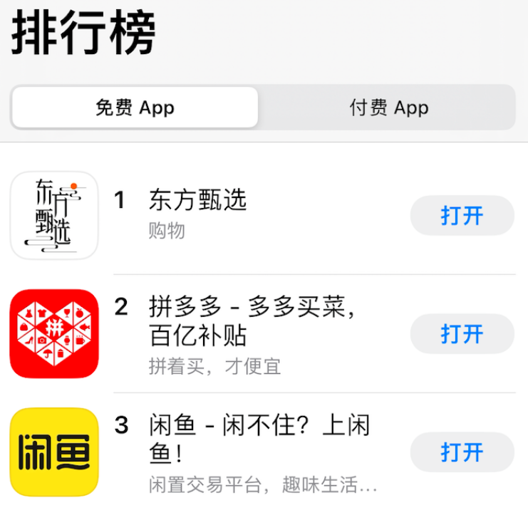 东方甄选登上苹果商店购物APP排行榜的No.1