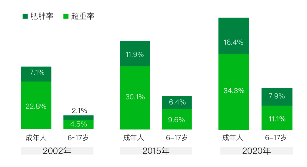 2002年-2020年肥胖率和超重率