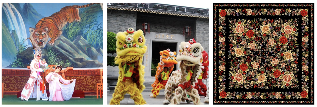 从左到右依次为：粤剧、舞狮、粤绣图片来源：广东省文化馆