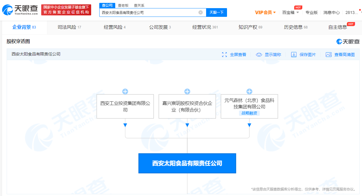 西安太阳食品有限责任公司股东新增元气森林