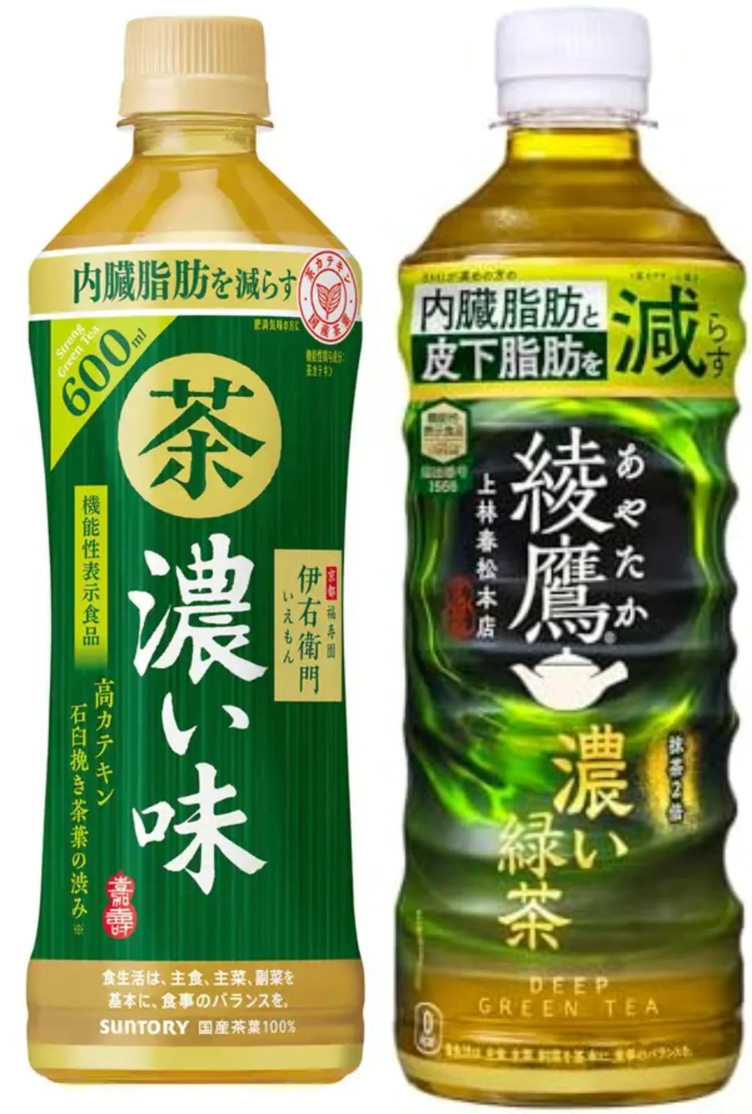 伊右卫门浓味（左）和可口可乐綾鷹浓绿茶（右）