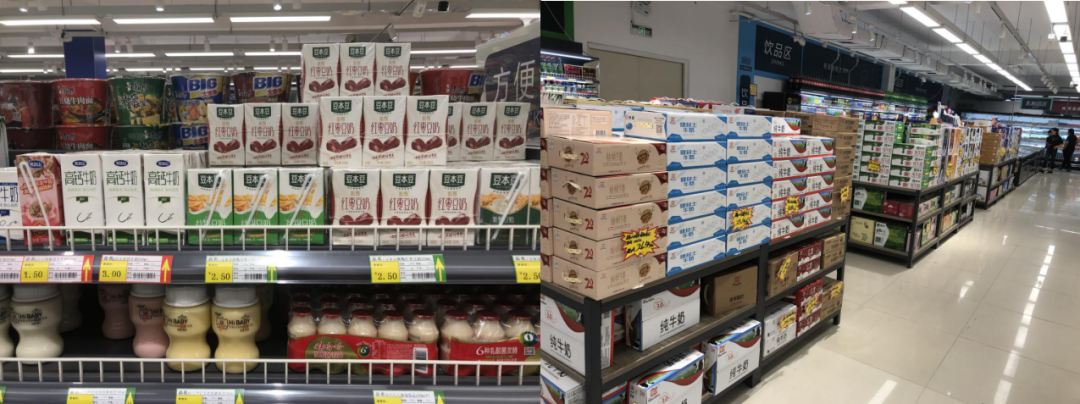 五排货架的超市,只有最后一排货架顶上有少量豆奶产品图片来源:新经销